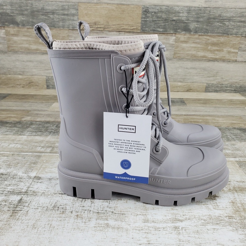 Hunter Diana Womens Waterproof Rain Boots 8 M Light Gray Lace-Up Round Toe